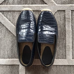 celine navy croc embossed leather flat espadrilles